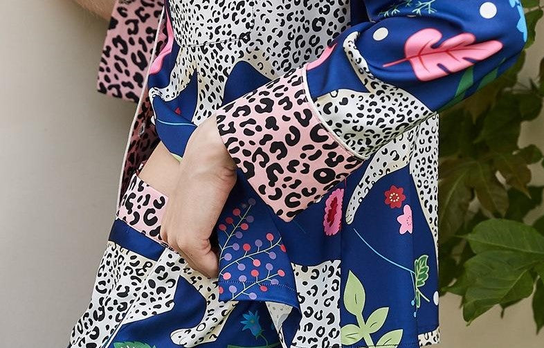 Royal Blue Classic Stylish Pajamas with flowers, leaves, and Leopards, and leopard print, Women's Pajamas, Ladies Pajamas, Loungewear, Sleepwear, Fun and Colorful, Pajama with button down with Long Sleeve Top, long-sleeve and lose fit drawstring trousers, iced sateen, satin finish