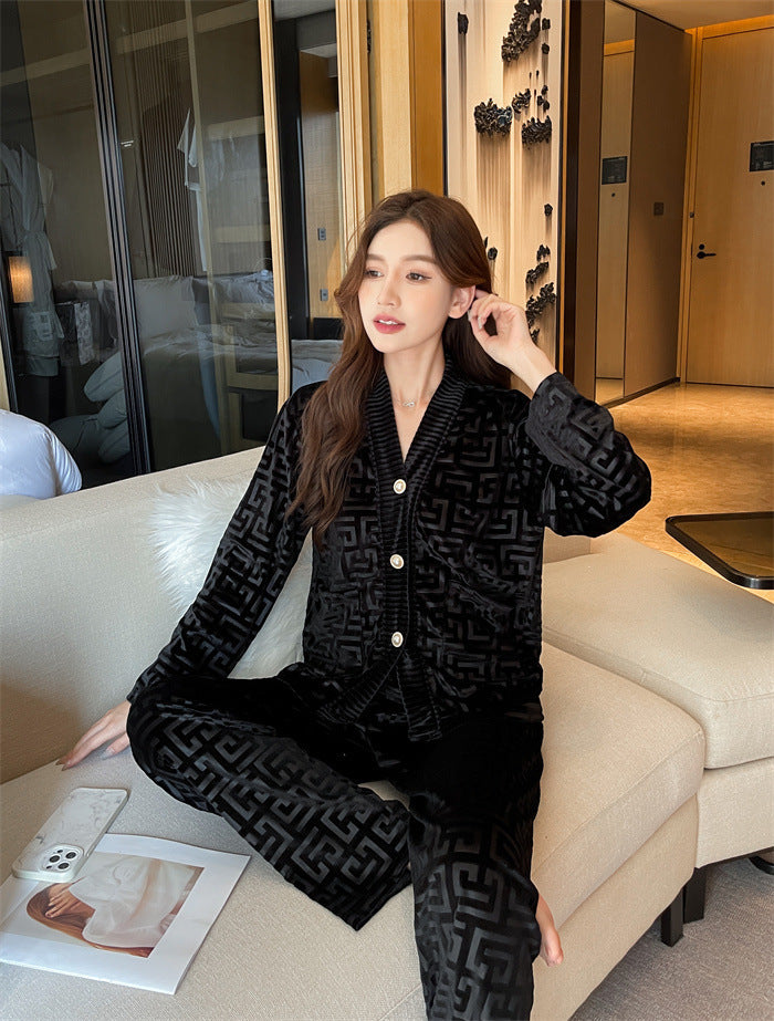 Black, Velveteen Women's pajamas, Soft, Velvet, Geometric design, Cardigan style button down long sleeve, v-neck top, soft style elastic waist trousers, luxurious, classy, stylish, comfortable, for year round wear.