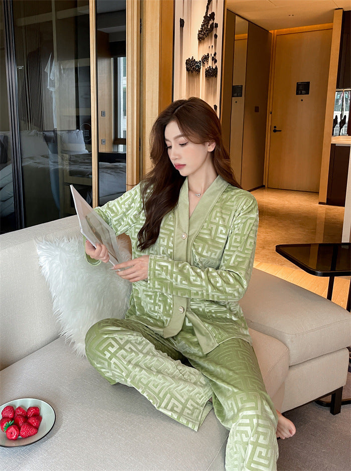 Soft Green, Velveteen Women's pajamas, Soft, Velvet, Geometric design, Cardigan style button down long sleeve, v-neck top, soft style elastic waist trousers, luxurious, classy, stylish, comfortable, for year round wear.