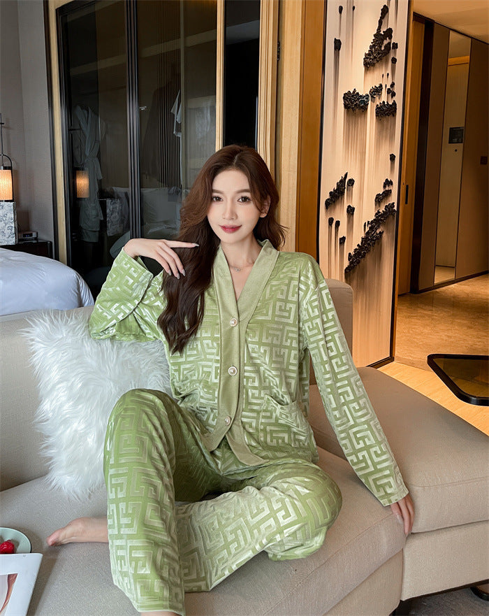 Soft Green, Velveteen Women's pajamas, Soft, Velvet, Geometric design, Cardigan style button down long sleeve, v-neck top, soft style elastic waist trousers, luxurious, classy, stylish, comfortable, for year round wear.