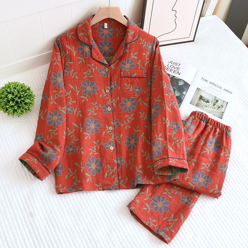 Red, Beautiful Jacquard weave cotton women's floral, daisy pajamas, Long sleeve women's pajamas, Button down pajama shirt, elastic waisted pajama trousers, women's pajamas for year round wear, comfortable, breathable, soft women's pajamas.