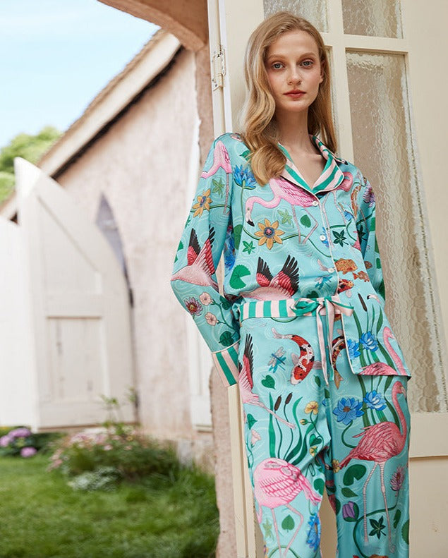 Turquoise Women's Pajamas, with Flamingos, Koi Fish, Flowers, Stripped accent Color and Cuffs, Women's Pajamas, Ladies Pajamas, Loungewear, Sleepwear, Classic Women's Pajamas, Summer Pajamas, Spring Pajamas, Printed Pajamas