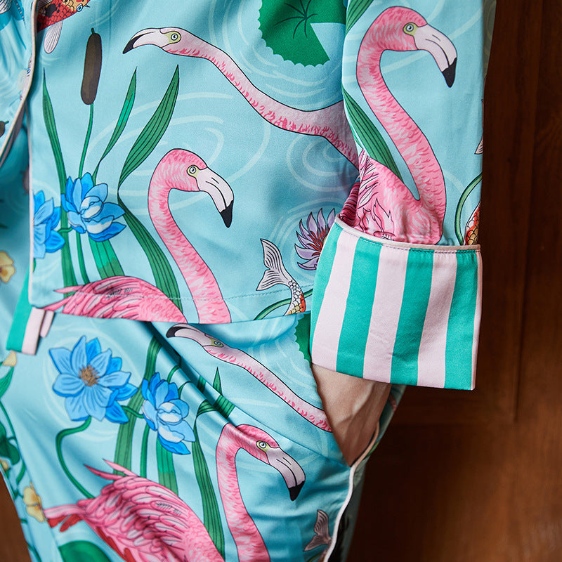 Turquoise Women's Pajamas, with Flamingos, Koi Fish, Flowers, Stripped accent Color and Cuffs, Women's Pajamas, Ladies Pajamas, Loungewear, Sleepwear, Classic Women's Pajamas, Summer Pajamas, Spring Pajamas, Printed Pajamas