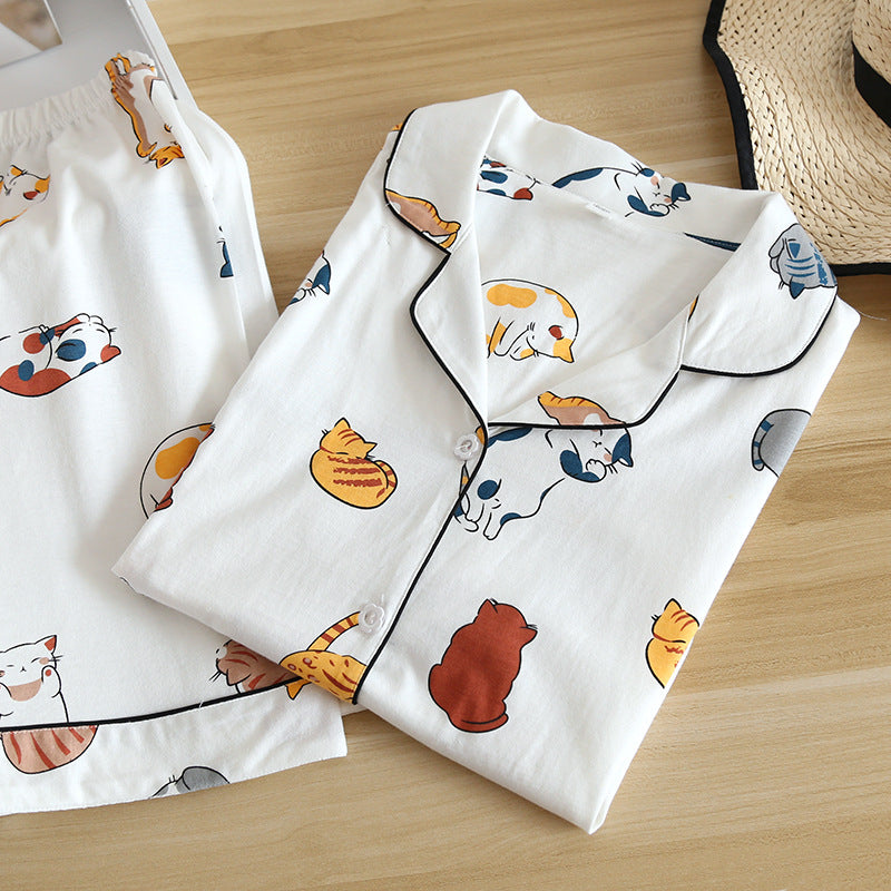 White women's pajamas, shorts and top with printed kitty cats. Summer, Spring, Women's Pajamas, Cat Lover Pajamas, Kitty Printed Pajamas