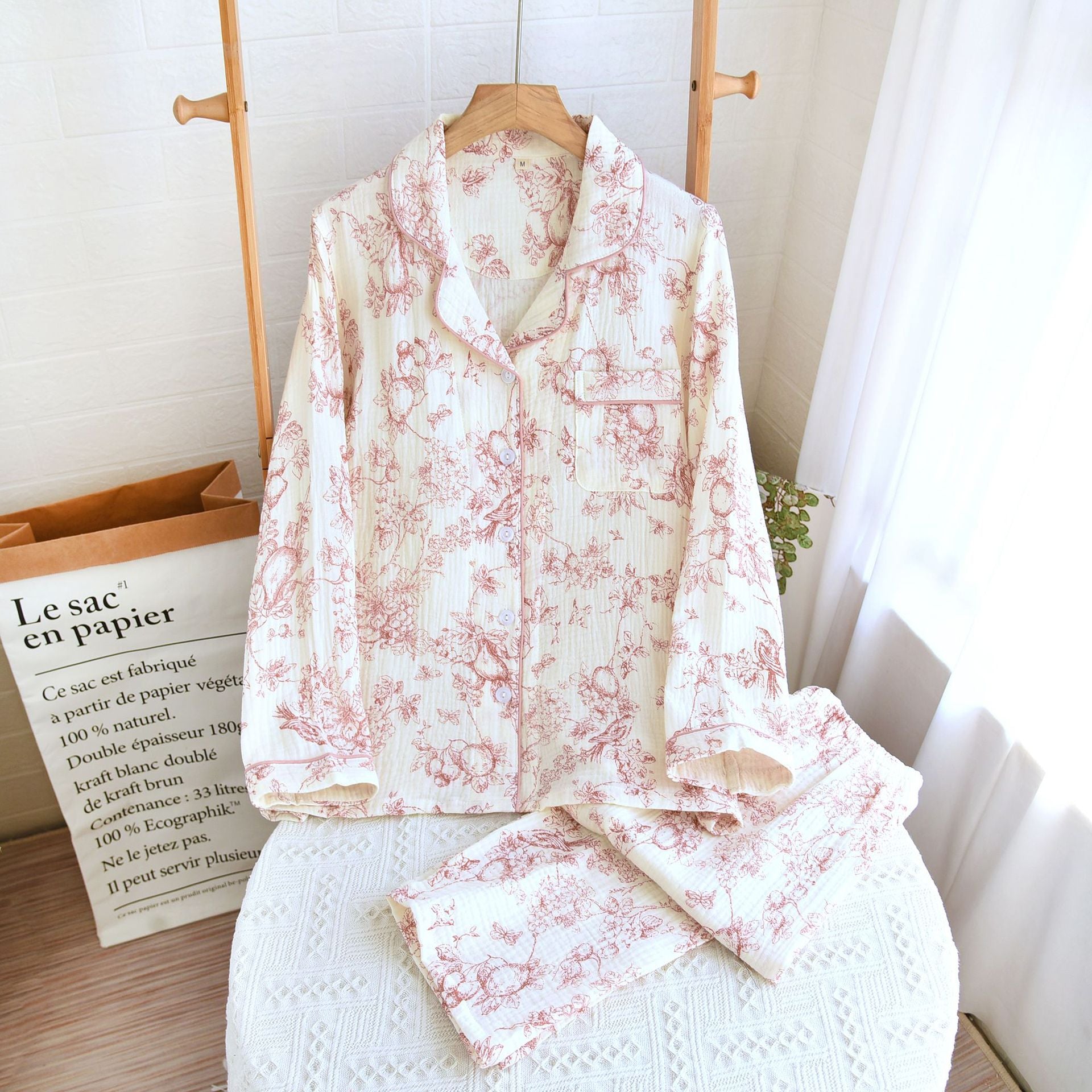 White and Pink, Cotton, crepe, toile patterned, women's pajamas, button down top, long sleeves, loose fitting elastic waist trousers, comfortable pajamas, casual pajamas, stylish pajamas, year round pajamas