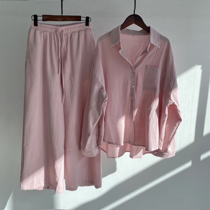 Pink  Cotton Linen Button-Down Shirt with Long Sleeves and Loose Fit Trousers with Elastic Waist , Women's Summer Clothes, Ladies Loungewear, Casual Summer Clothes