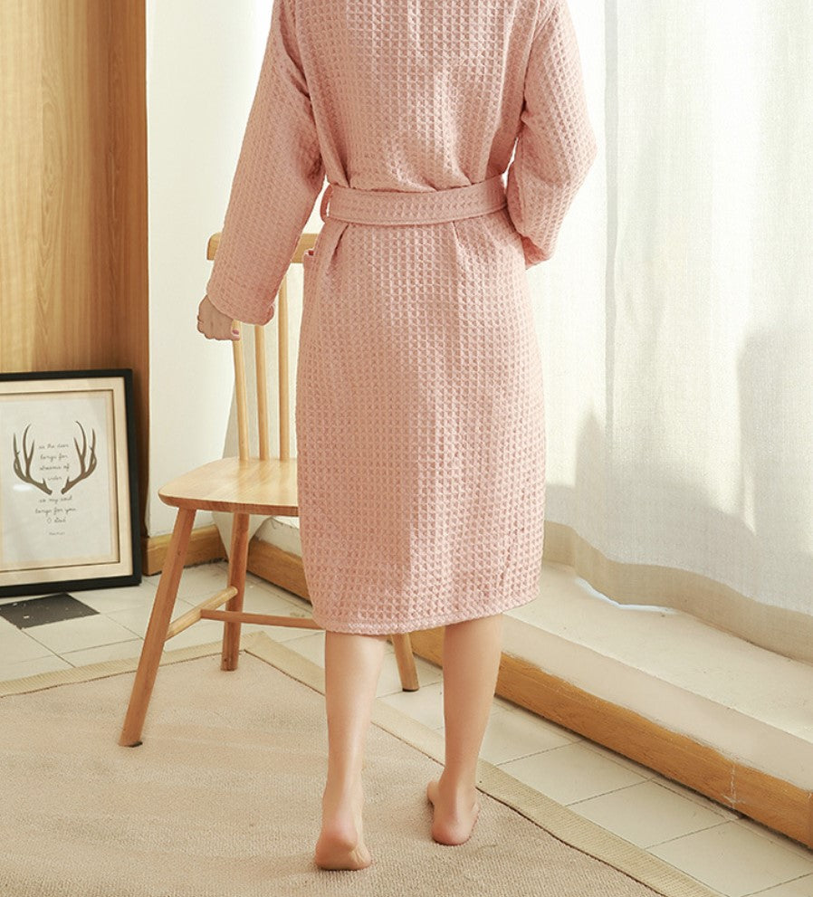 Soft 100% Cotton Waffle Patterned Long Women's Robe, Pink, White, Green, Grey, women's robed long-sleeve, belt, warm, women's loungewear, sleepwear, house dress