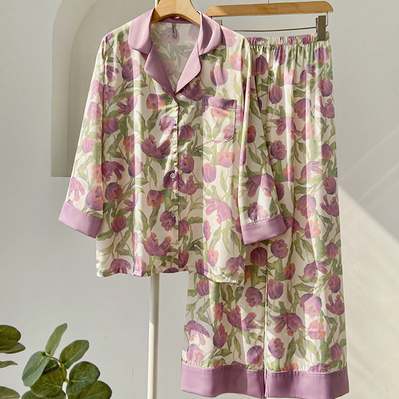 Soft Mauve Colored Tulip Floral with Leaves Pajamas, Button Down Top with Lapels, Long Sleeve, Elastic Waist Full Trousers, Women's Pajamas, Ladies Pajamas, Sleepwear