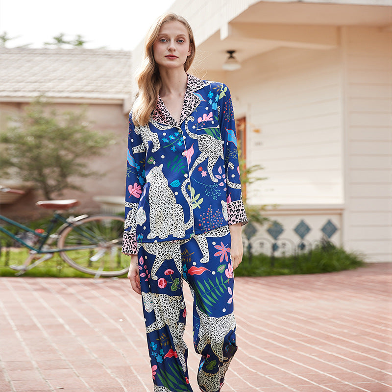 Royal Blue Classic Stylish Pajamas with flowers, leaves, and Leopards, and leopard print, Women's Pajamas, Ladies Pajamas, Loungewear, Sleepwear, Fun and Colorful, Pajama with button down with Long Sleeve Top, long-sleeve and lose fit drawstring trousers, iced sateen, satin finish
