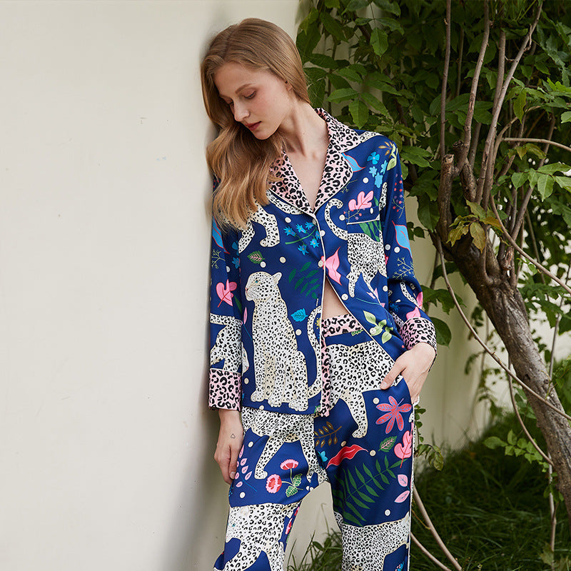 Royal Blue Classic Stylish Pajamas with flowers, leaves, and Leopards, and leopard print, Women's Pajamas, Ladies Pajamas, Loungewear, Sleepwear, Fun and Colorful, Pajama with button down with Long Sleeve Top, long-sleeve and lose fit drawstring trousers, iced sateen, satin finish