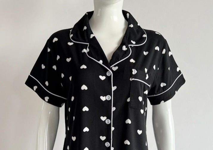 Black with White Heart, Women's Pajamas, Button-Down, Short Sleeve, Lapel Collared Blouse, Elastic Waist Trousers, Ladies Pajamas