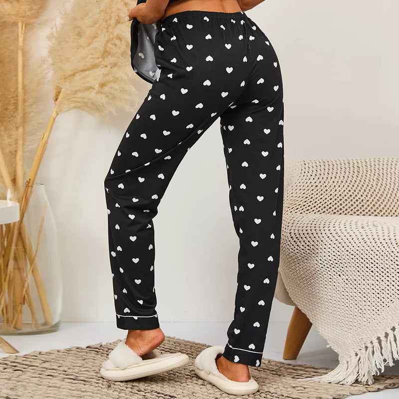 Black with White Heart, Women's Pajamas, Button-Down, Short Sleeve, Lapel Collared Blouse, Elastic Waist Trousers, Ladies Pajamas