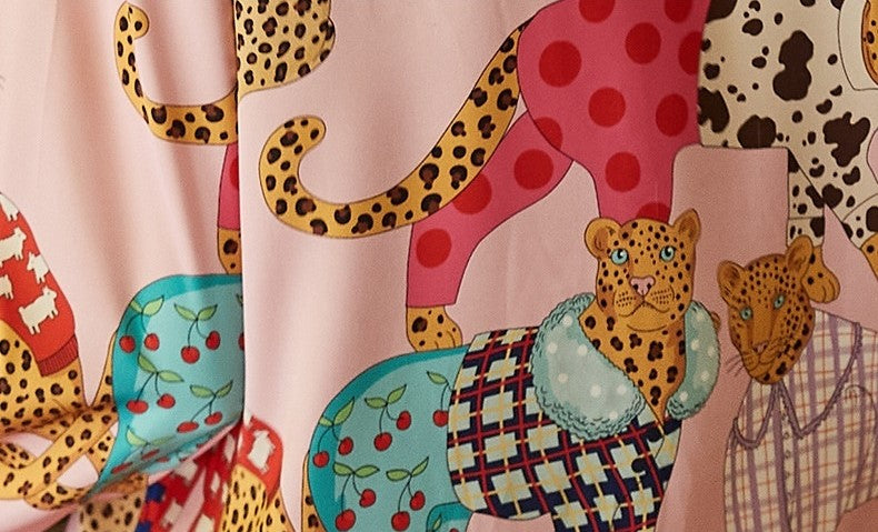 Pink with heart accents and wild cats dressed up in clothes women's top and shorts pajamas. Loungewear, sleepwear, comfortwear, soft ladies pajamas, fun and colorful pajamas.