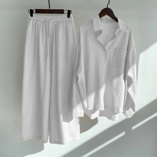 White  Cotton Linen Button-Down Shirt with Long Sleeves and Loose Fit Trousers with Elastic Waist , Women's Summer Clothes, Ladies Loungewear, Casual Summer Clothes