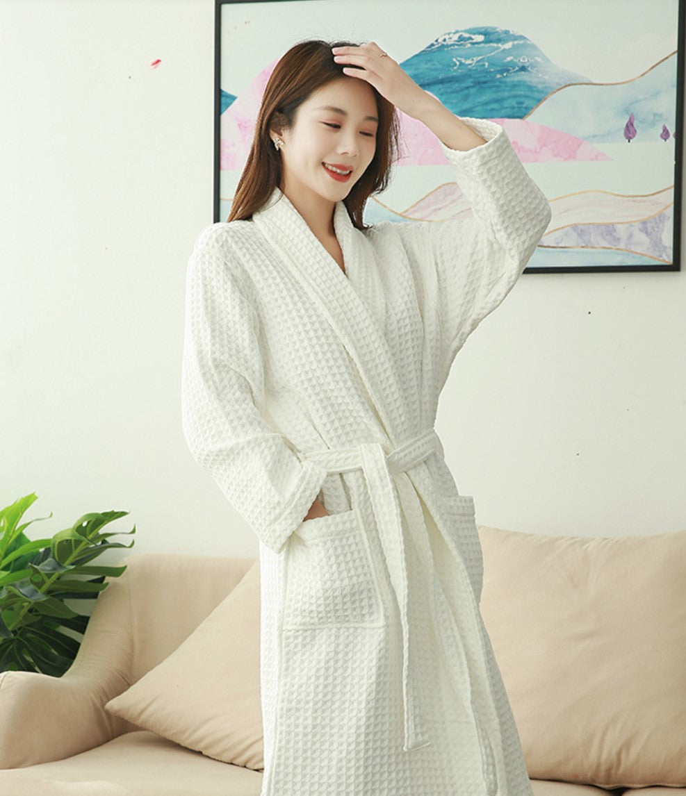 Soft 100% Cotton Waffle Patterned Long Women's Robe, Pink, White, Green, Grey, women's robed long-sleeve, belt, warm, women's loungewear, sleepwear, house dress