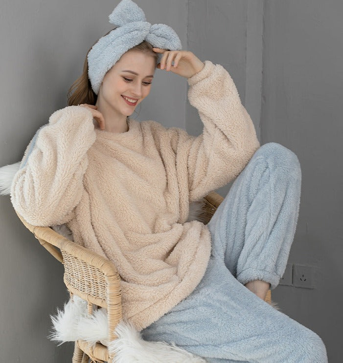 Women's Fuzzy Pajama Sets 2 Piece Pjs Cozy Fleece Warm Sleepwear Oversized  Pullover Pants Sets Loungewear for Winter 