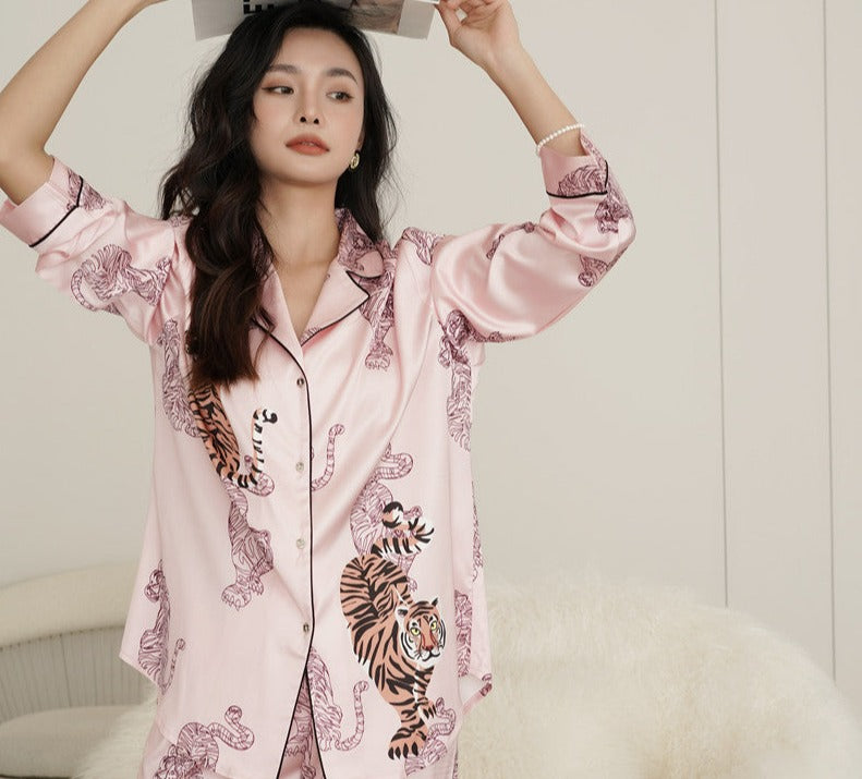 Pink with a larger Tiger pajamas, classic button down shirt with long sleeves, accent piping, long loose fit trousers, Ladies Pajamas, Women's Pajamas, Soft Satin Pajamas, Classic Pajamas, Animal Printed Pajamas