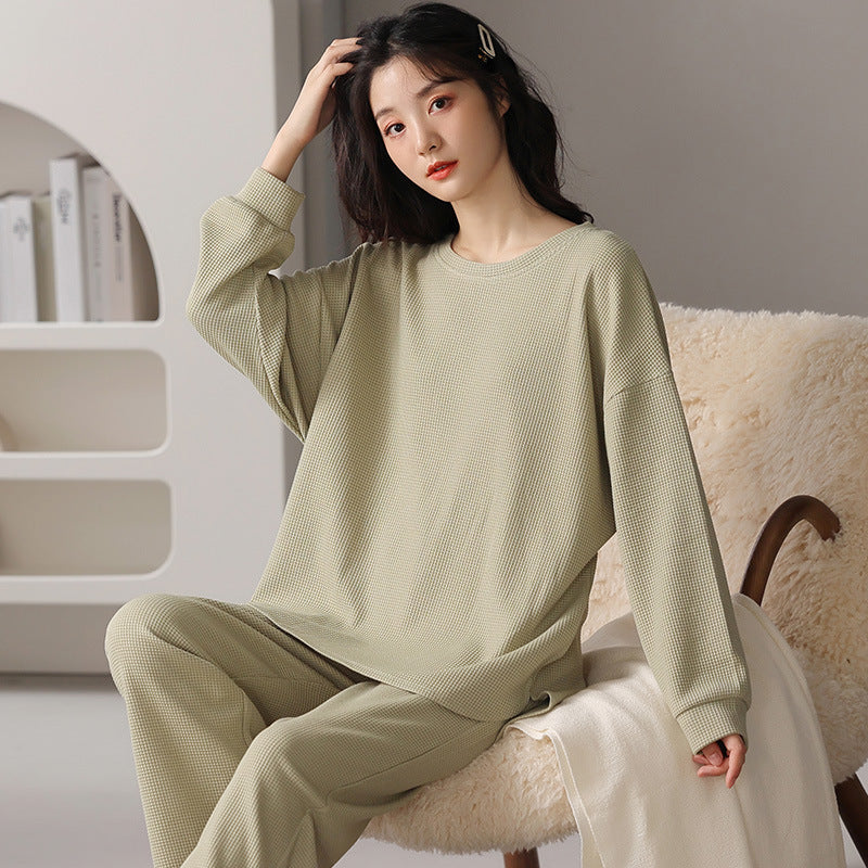 Soft Green Ribbed Waffle Fabric Pajamas, Pull-Over Top Long Sleeve and Trousers with Pockets and Elastic Waist-Band, women's pajamas, ladies pajamas, soft women's pajamas