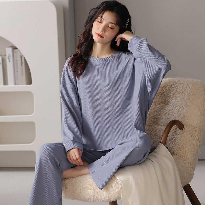 Blue/Grey Ribbed Waffle Fabric Pajamas, Pull-Over Top Long Sleeve and Trousers with Pockets and Elastic Waist-Band, women's pajamas, ladies pajamas, soft women's pajamas