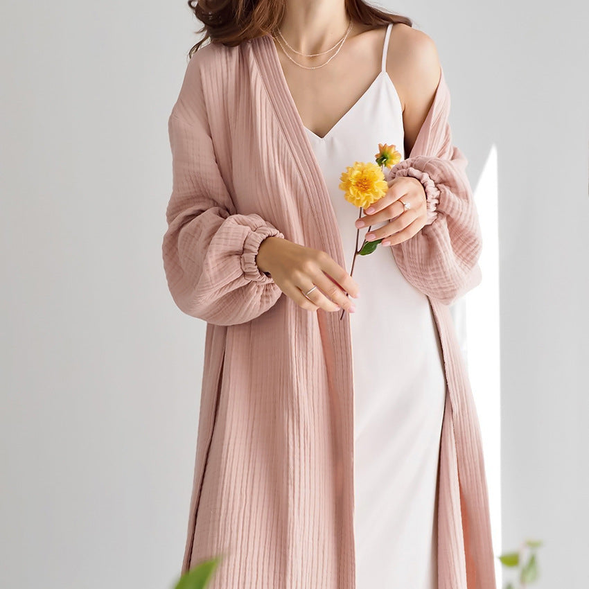 Powder Pink Cotton Gauze Mid-Length Robe with Billow Sleeves and Elastic Wrist Bands, Ladies Robes, Women's Robe, Casual Style Robe 