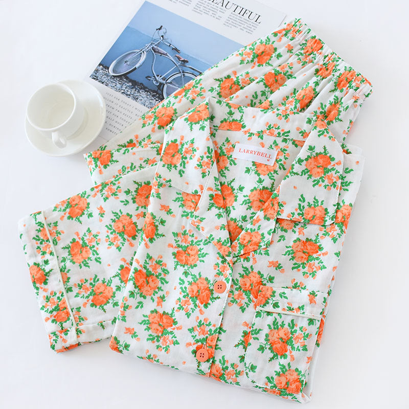 Orange Roses on white pajamas button-down top with elastic waist trousers, women's pajamas, ladies pajamas, sleepwear, loungewear, summer and spring pajamas