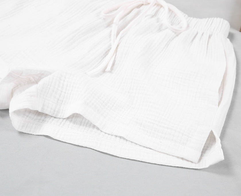 White summer shorts elastic waist with tie cotton gauze