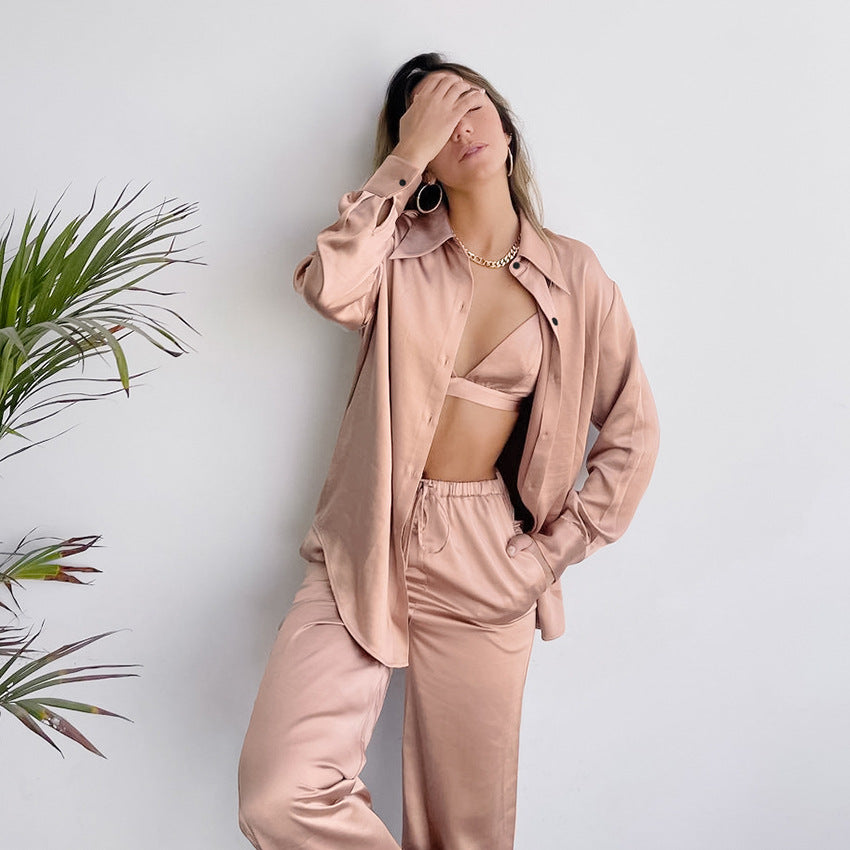 Pink  Light Weight Polyester Spandex Three-Piece Trouser, Bra, Button up Long Sleeve Top, Women's classic pajama set, Sexy Lingerie, Comfy pajama set, Ladies pajama set