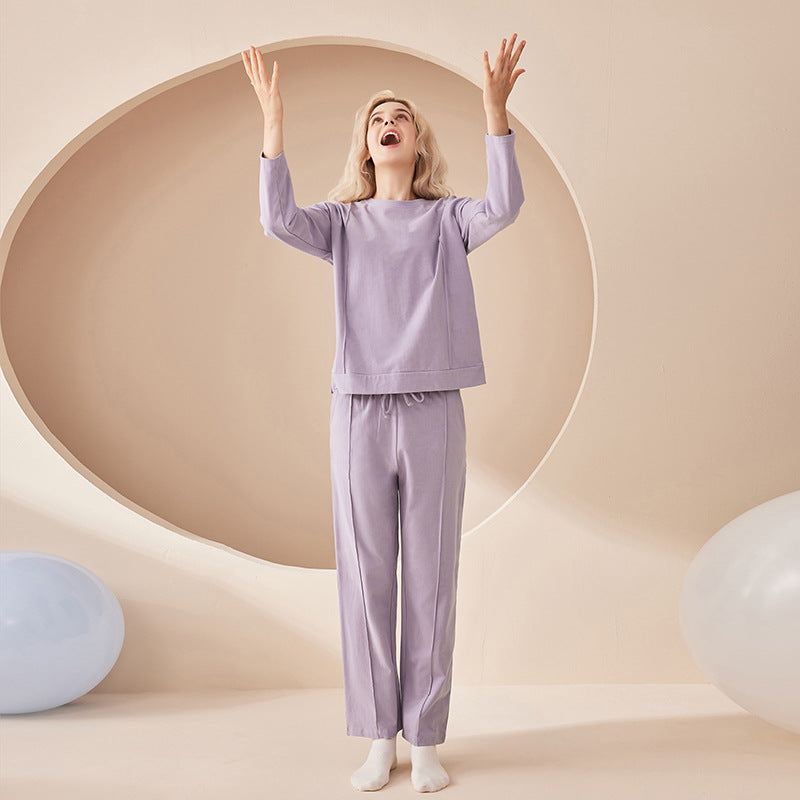 Lilac Soft Warm and Comfy Cotton Solid Colored Pull-Over Long-Sleeve Top with Round Neck Long Elastic Waist Trousers with Tie, Plus Size available, Women's Pajamas, Ladies Pajamas, Solid Colored Pajamas, Soft Pajamas, Year Round Pajamas, Casual Pajamas