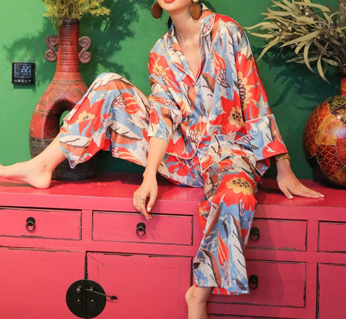 Abstract Flower Pattern 3/4" Sleeves Button-Down Top Trousers Simulated Silk