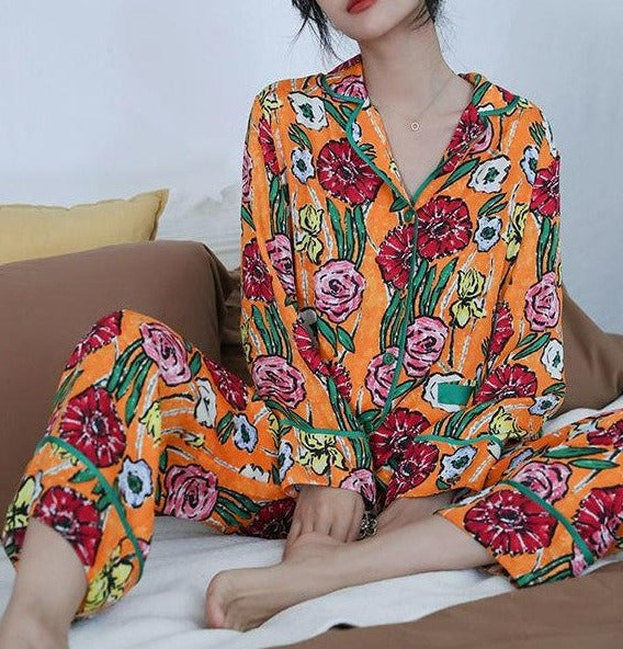 Super Bright Cheerful Colors Polyester Vincent Van Gogh Flowers for the Art Lover Classic Pajamas Button-Down Blouse Loose Fit Trousers, Ladies Pajamas, Women's Pajamas, Loungewear, Sleepwear, Floral Pajamas