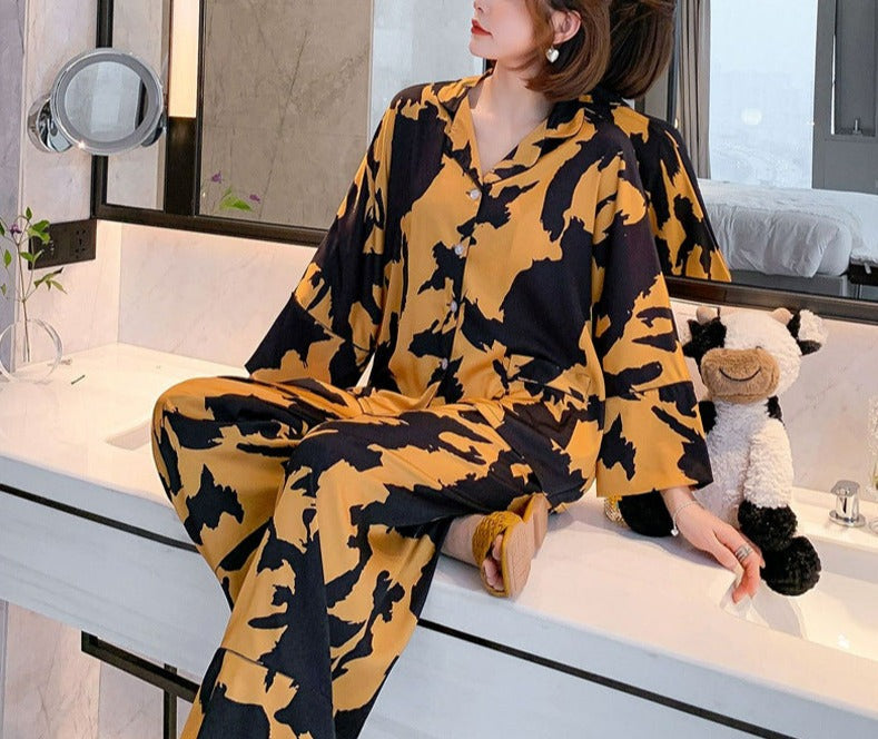 Black and Amber Polyester Faux Silk Pajama Set Button Down Top Long Sleeves with Elastic Waist Trousers, Women's Pajamas, Ladies Pajamas, Stylish Pajamas, Asian Pajamas , Silk Pajamas