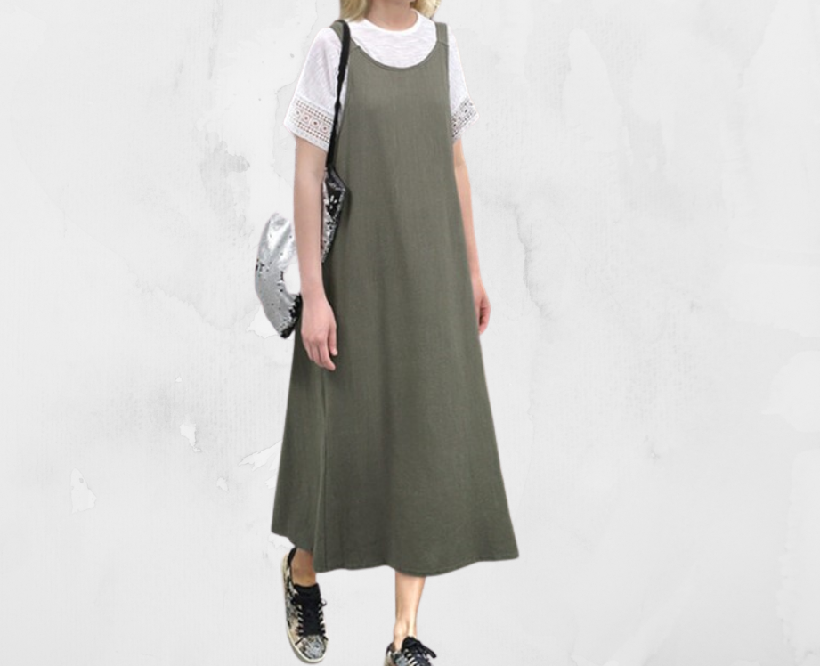 Army Green Linen, Strapped shoulder, lower back linen dress below the knee, Women's Linen Cotton Dress, Ladies Linen Cotton Dress, Casual Summer Wear,  Plus Sizes