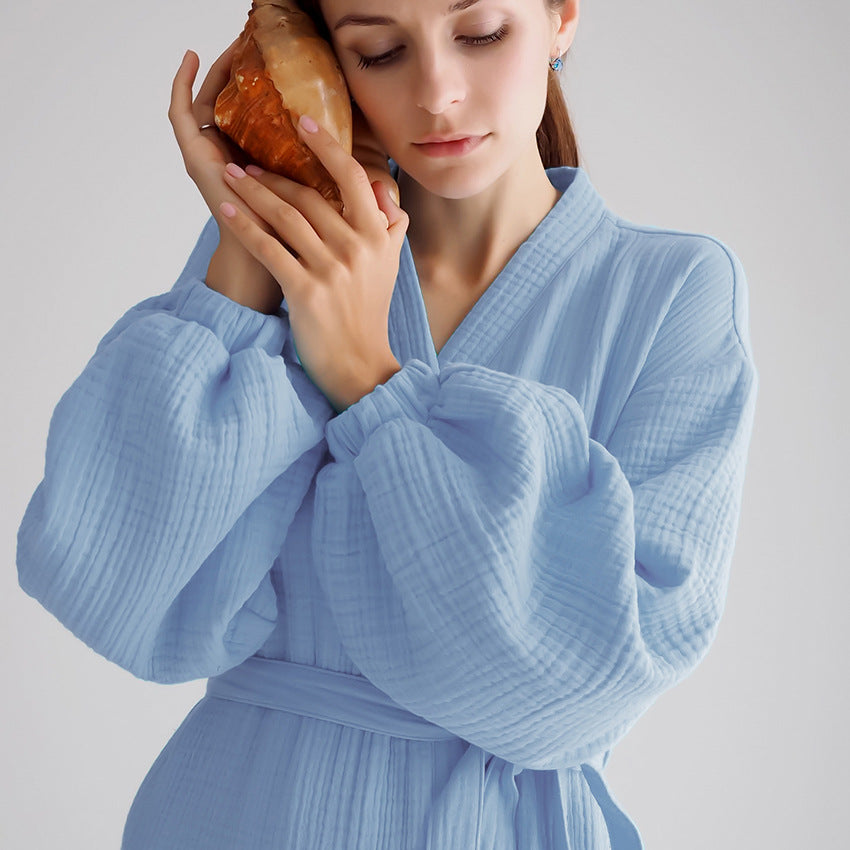 Powder Blue Cotton Gauze Mid-Length Robe with Billow Sleeves and Elastic Wrist Bands, Ladies Robes, Women's Robe, Casual Style Robe