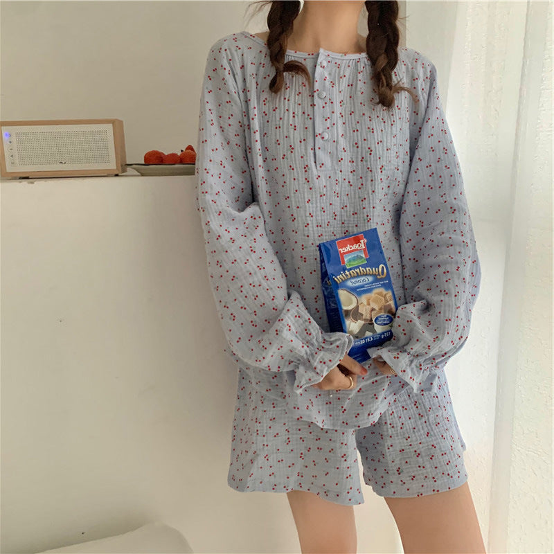 Baby Blue Cotton Gauze Pajama Short and Top with Cherry Print, Classic Women's Pajamas, Ladies Pajamas, Women's sleepwear, loungewear, Comfortable Soft Pajamas, Cotton Printed Pajamas