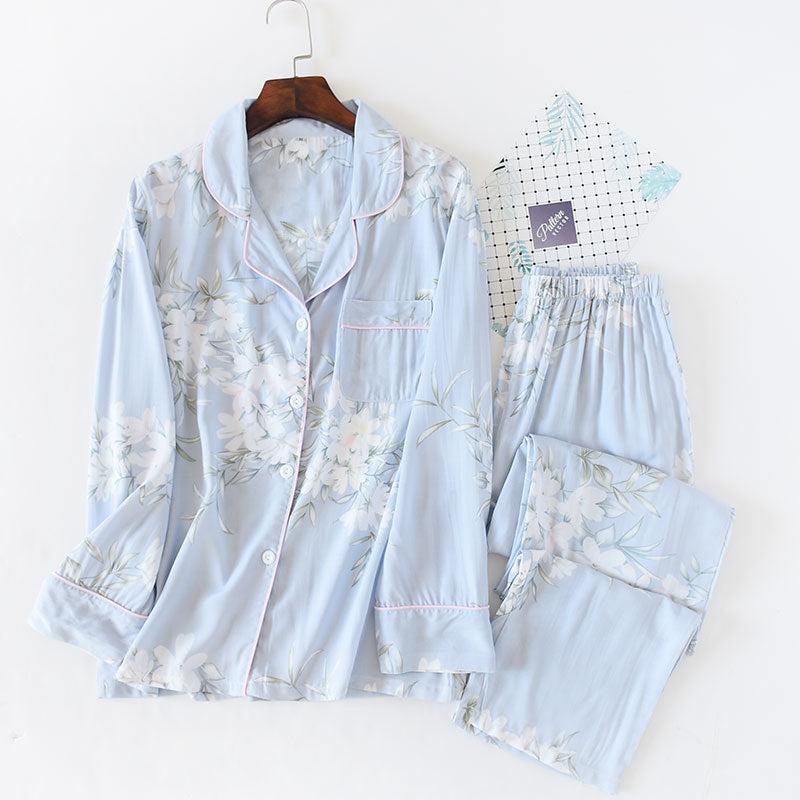 White Washed Baby Blue White Washed Shabby Chic breathable soft women's pajama set with long sleeve button down top, piping, loose fit trousers elastic waistband, women's pajamas, ladies pajamas, women's sleepwear, breathable pajamas
