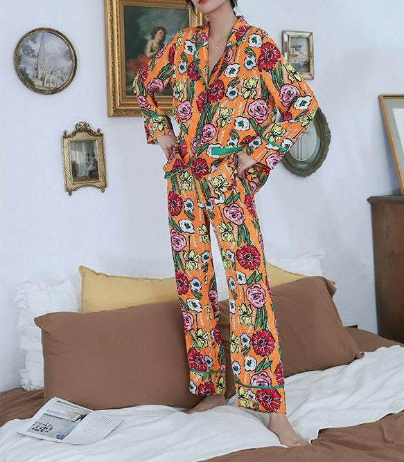 Super Bright Cheerful Colors Polyester Vincent Van Gogh Flowers for the Art Lover Classic Pajamas Button-Down Blouse Loose Fit Trousers, Ladies Pajamas, Women's Pajamas, Loungewear, Sleepwear, Floral Pajamas