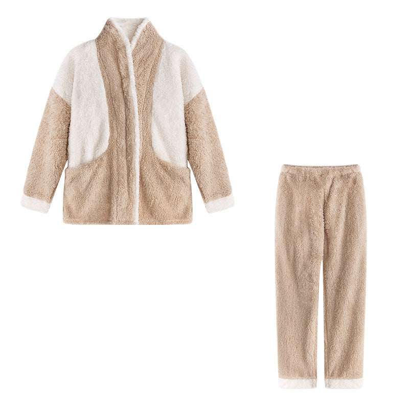 Khaki and White Two Tone Super Plush Fleece Two Piece Zip Up Jacket with Deep Pockets and Elastic Waist Trousers,  Women's Plush Fleece Tracksuit, Ladies Plush Loungewear, Winter Pajamas