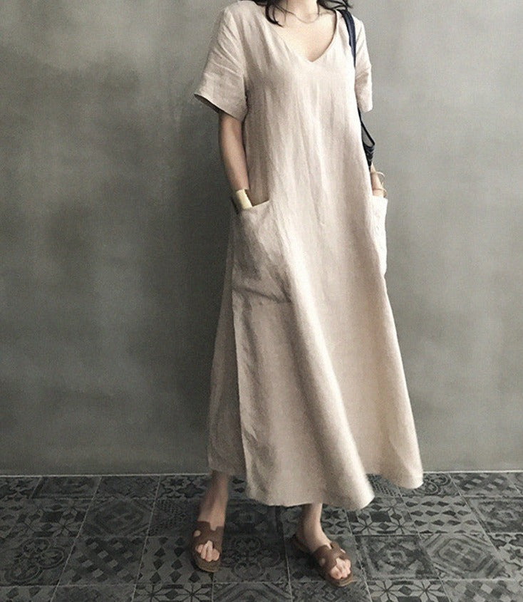 Beige polyester cotton blend, casual long spring, summer dress with outside pockets below the knee, Women's Dress, Ladies Dress, Cotton Blend Summer Dress