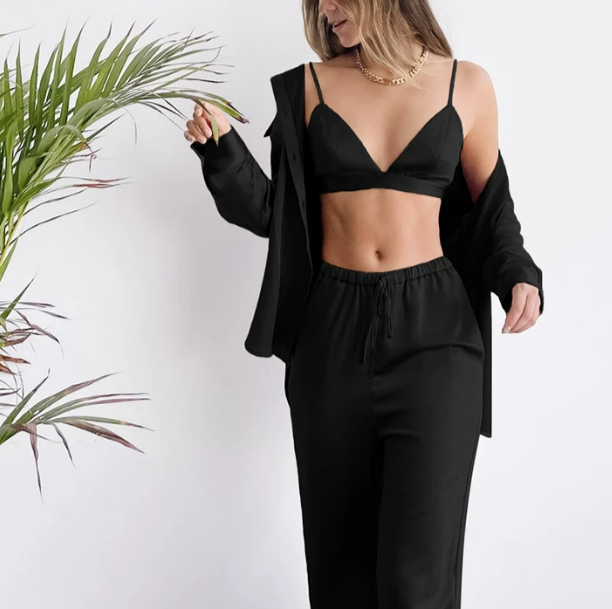 Black Light Weight Polyester Spandex Three-Piece Trouser, Bra,  Button up Long Sleeve Top, Women's classic pajama set, Sexy Lingerie, Comfy pajama set, Ladies pajama set