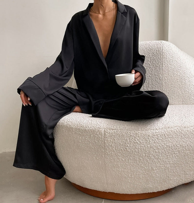 Black Super Chic Satin Pajama set Wide Bell legs, Cardigan Top with Long Sleeves