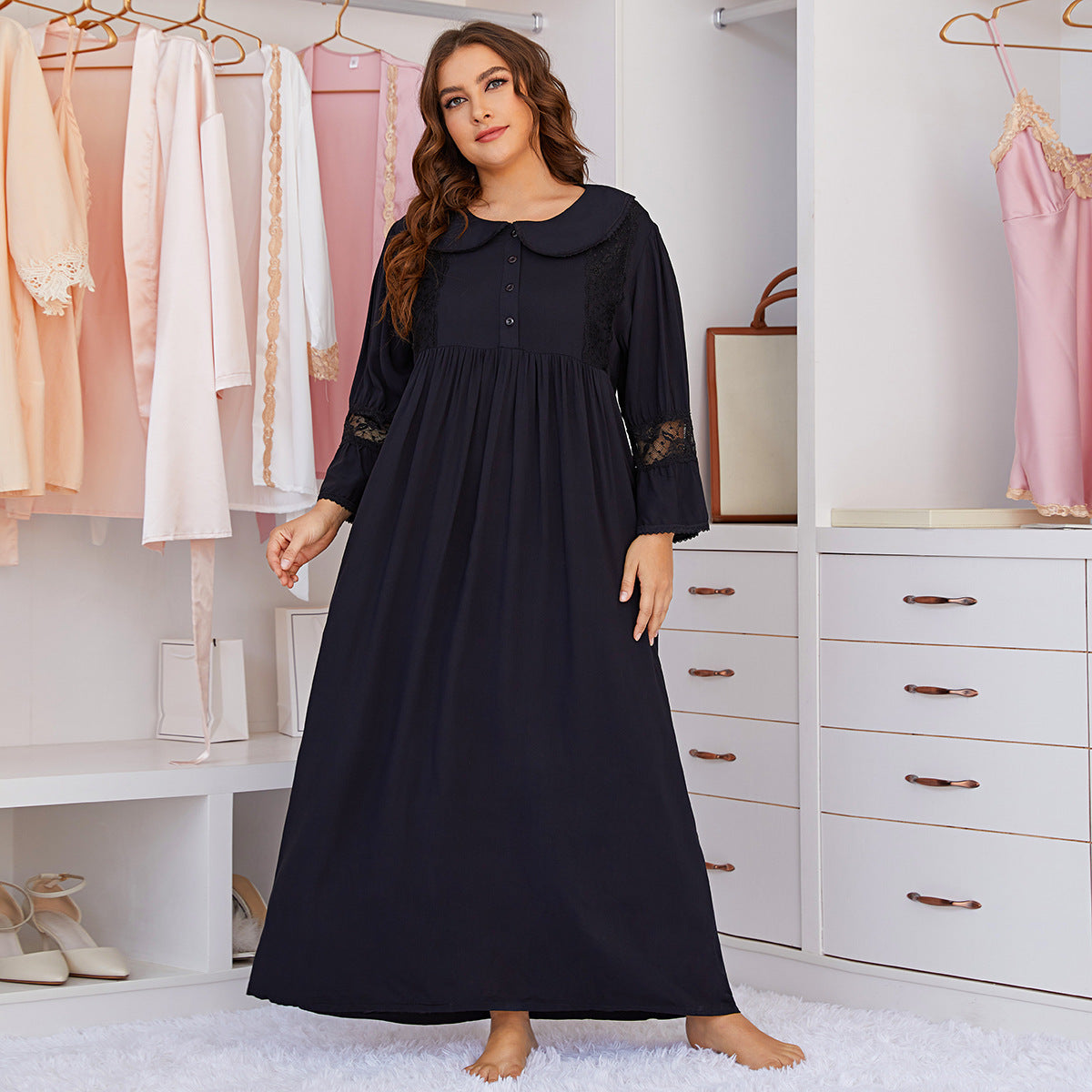 Black Plus Size Full Length, Long Sleeve, Scalp Collar, Lace Accent, House Dress, Night Gown, Loungewear