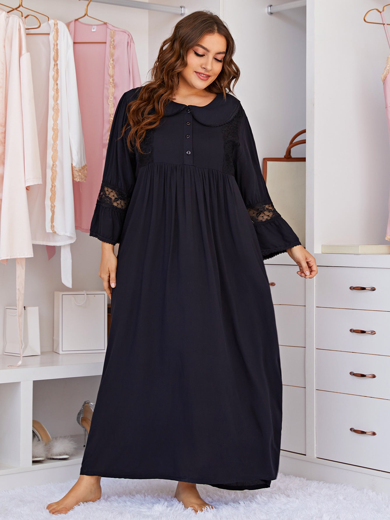 Black Plus Size Full Length, Long Sleeve, Scalp Collar, Lace Accent, House Dress, Night Gown, Loungewear