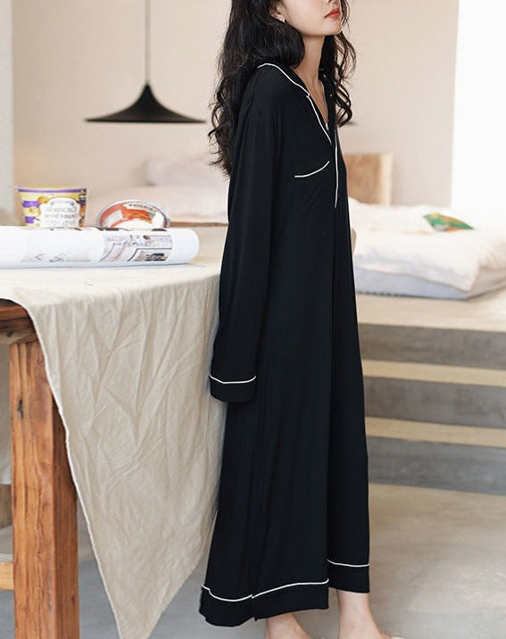 Black Long Pull-Over 3-Botton Modal Nightgown, Women's Nightgown, Ladies Nightdress, Loungewear, Sleepwear