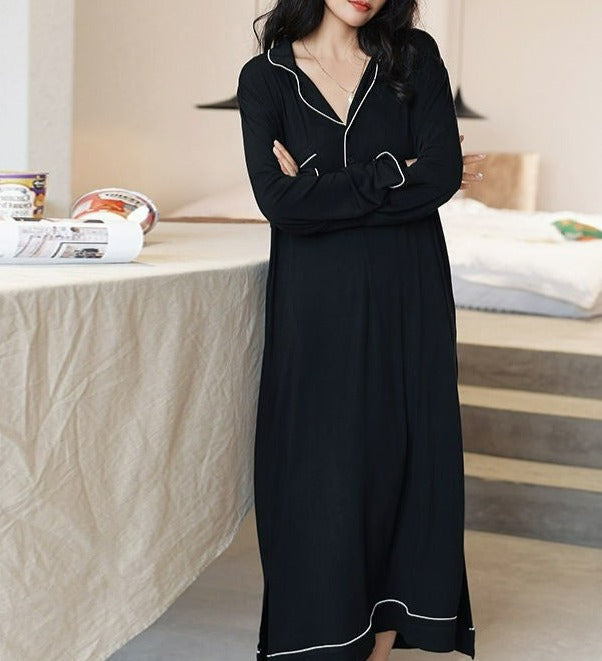 Black Long Pull-Over 3-Botton Modal Women's Nightgown, Ladies Nightdress, Loungewear, Sleepwear