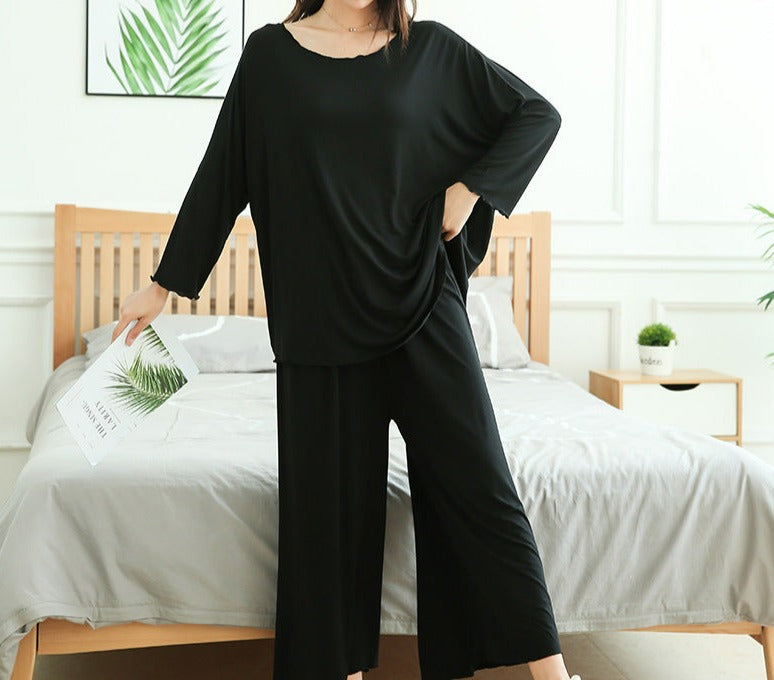 Black Plus Size Two Piece Modal Fabric Stretch Loose Fitting Pajama Set , Ladies Pajamas, Women's Pajamas, Sleepwear
