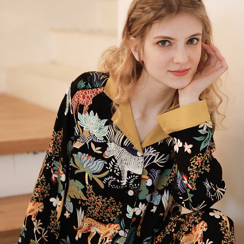 Black and Gold Safari Pajamas Button-Down Blouse Trousers, women's pajamas, ladies pajamas, sleepwear, loungewear, animal print pajamas