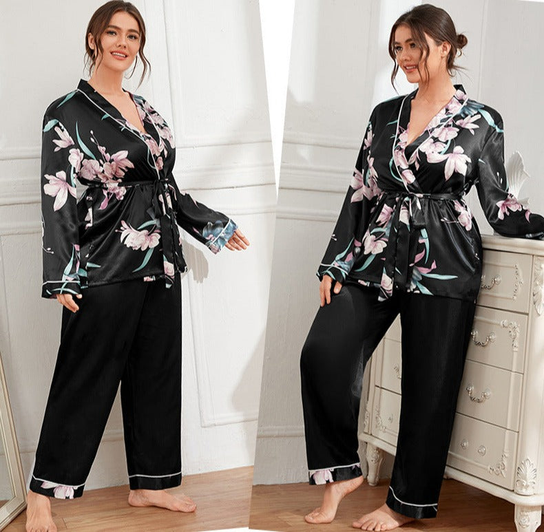 Black with Floral Print Satin Long Sleeve Tie Wrap Top with Soft Full-Length Trousers, Women's pajamas, Ladies pajama, Women's loungewear, Ladies sleepwear
