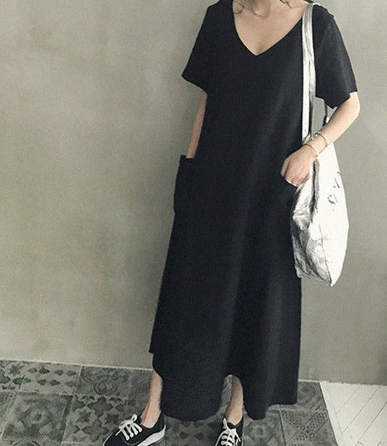 Black polyester cotton blend, casual long spring, summer dress with outside pockets below the knee, Women's Dress, Ladies Dress, Cotton Blend Summer Dress