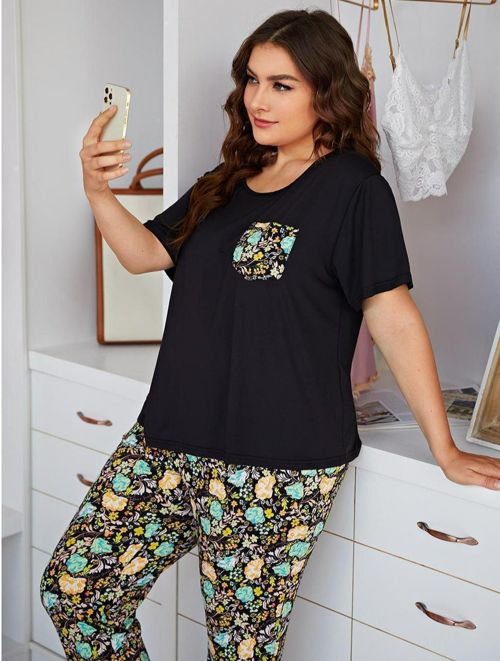 Plus Size Pajama Set with Floral Drawstring Trousers  and Black Top with Accent Pocket, Women's Soft Pajama set, Ladies Sleepwear, Loungewear, Casual Pajamas