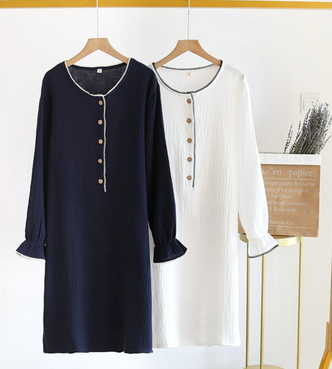 Navy Blue and White Nightdress Round Neck Button up Long-Sleeve Below the Knee 